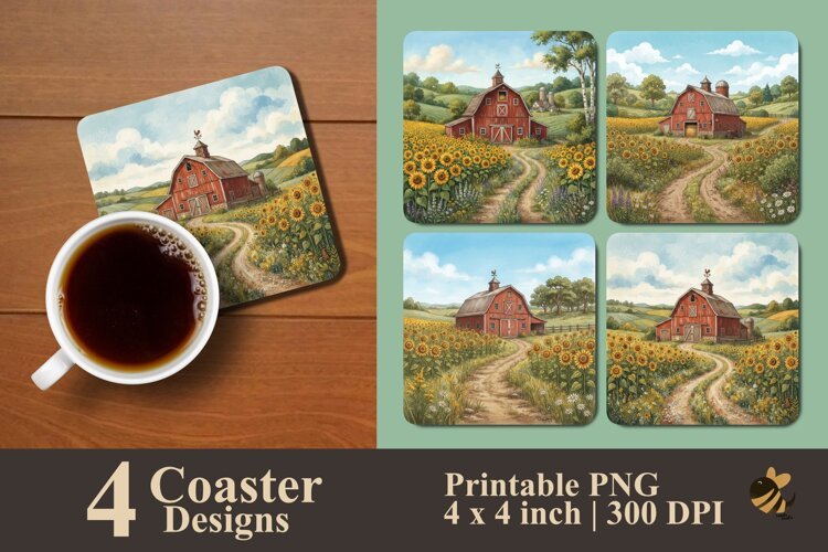 Rustic Red Barn and Sunflower Coaster Sublimation Designs example image 1