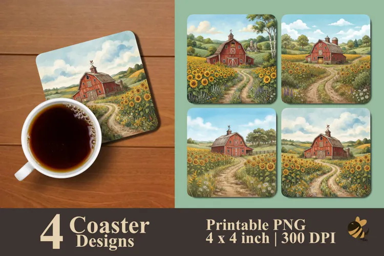 Rustic Red Barn and Sunflower Coaster Sublimation Designs