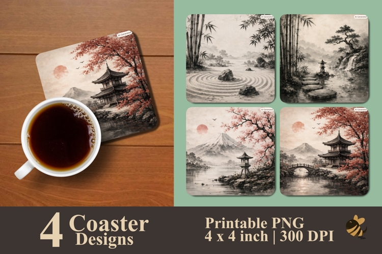 Japanese Art Painting Coaster Sublimation Designs example image 1