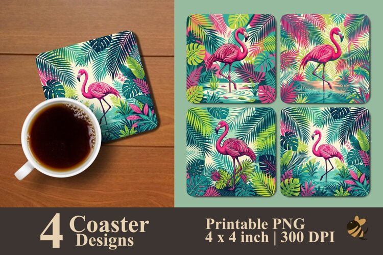 Pink Flamingo & Botanical Coaster Sublimation Designs example image 1