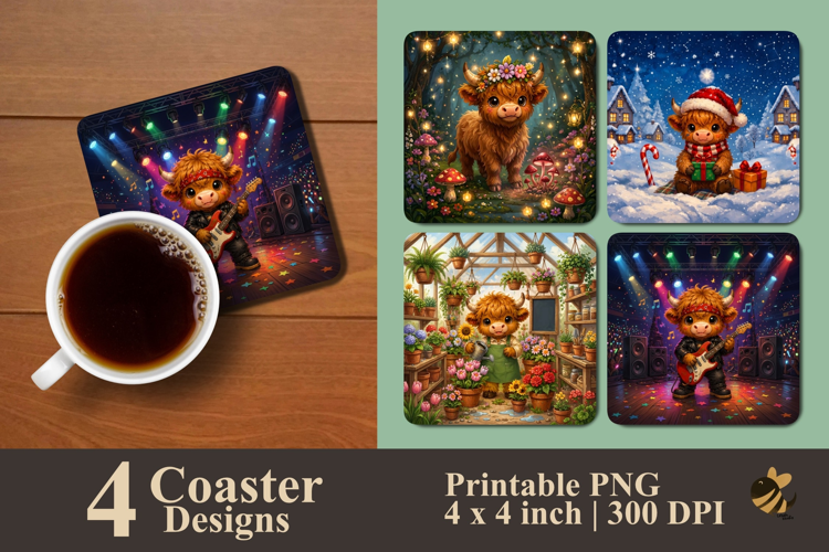 Highland Cow Adventures Coaster Sublimation Designs