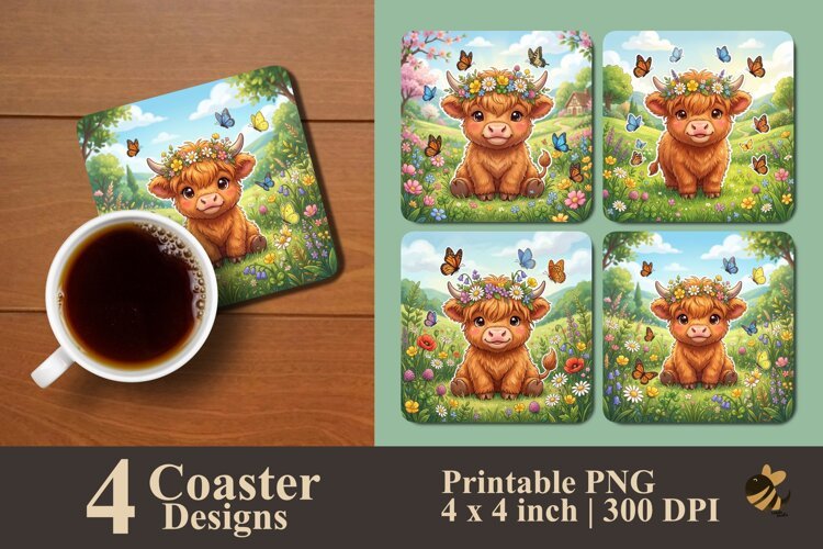 Highland Cow Meadow Coaster Sublimation Designs example image 1