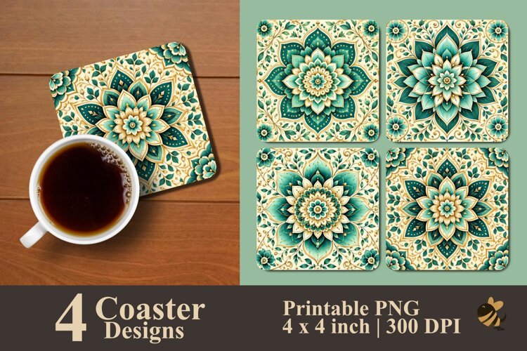 Elegant Teal Mandala Coaster Sublimation Design example image 1