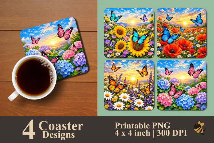 Beauty Butterfly & Flower Coaster Sublimation Design