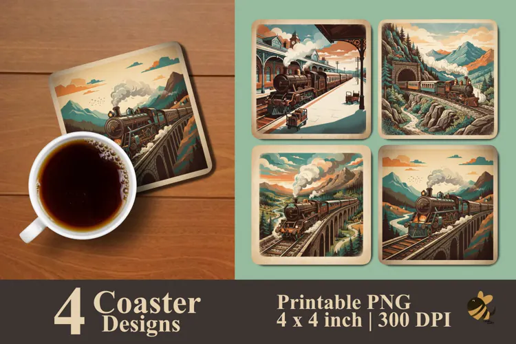 Vintage Train Travel Coaster Sublimation Designs
