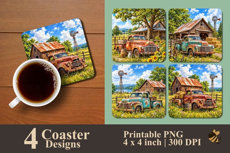Vintage Farmhouse Truck and Barn Coaster Sublimation Designs example image 1