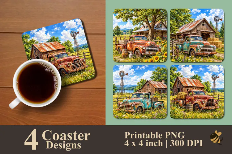 Vintage Farmhouse Truck and Barn Coaster Sublimation Designs