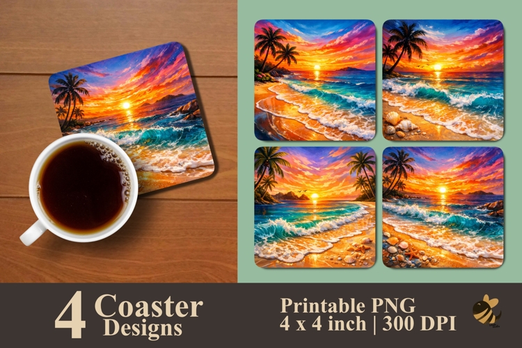 Sunset Beach With Small Wave Coaster Sublimation Design