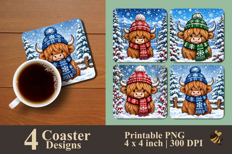 Cute Highland Cows in Winter Coaster Sublimation Designs