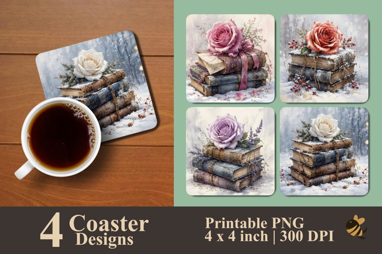 Vintage Books And Rose Coaster Sublimation Designs