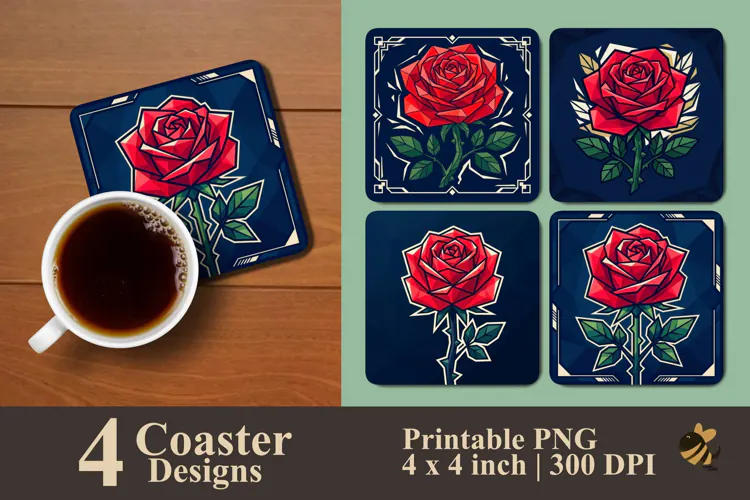 Bold Crimson Rose Coaster Sublimation Designs