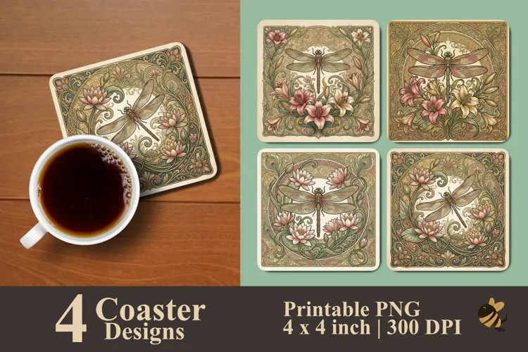 Art Nouveau Dragonfly Coaster Sublimation Designs