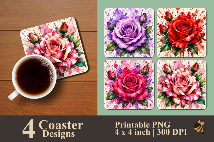 Watercolor Rose Splash Coaster Sublimation Designs