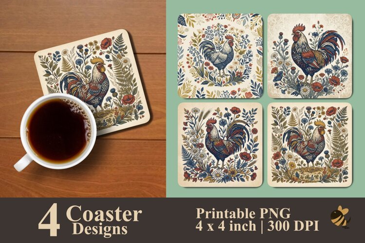 Folk Art Rooster Coaster Sublimation Designs example image 1