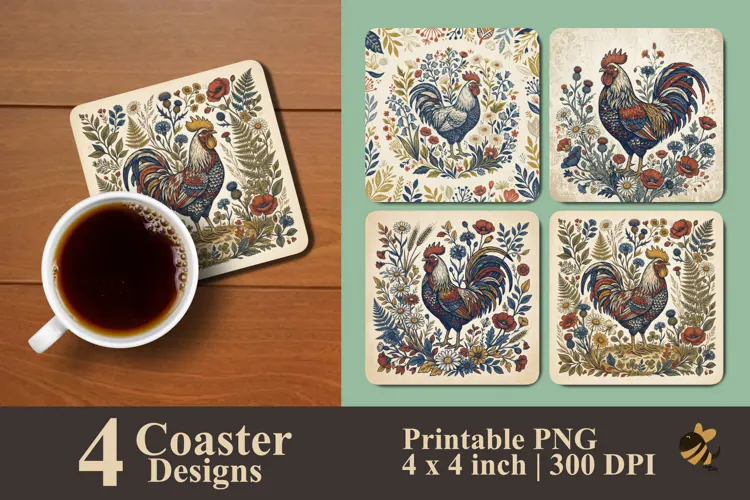 Folk Art Rooster Coaster Sublimation Designs