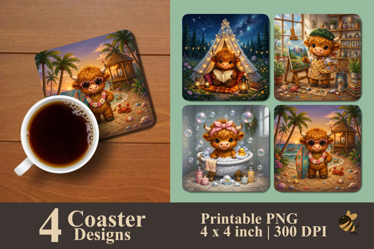 Highland Cow Escapades Coaster Sublimation Designs