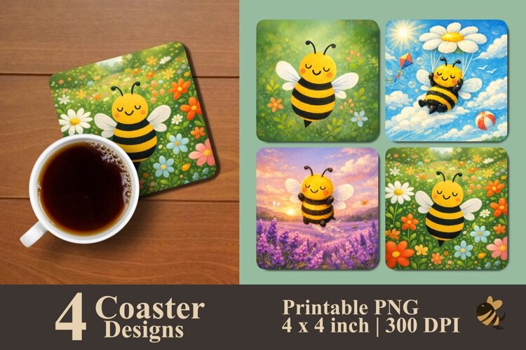 Cute Bee Coaster Sublimation Designs example image 1