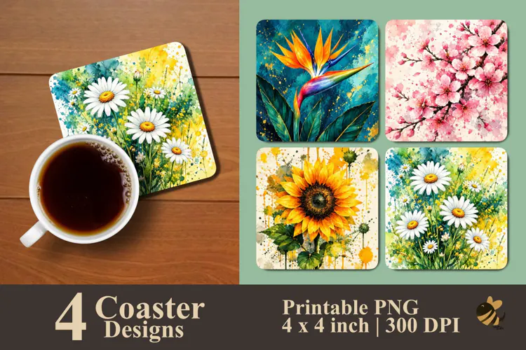 Watercolor Exotic Floral Coaster Sublimation Designs