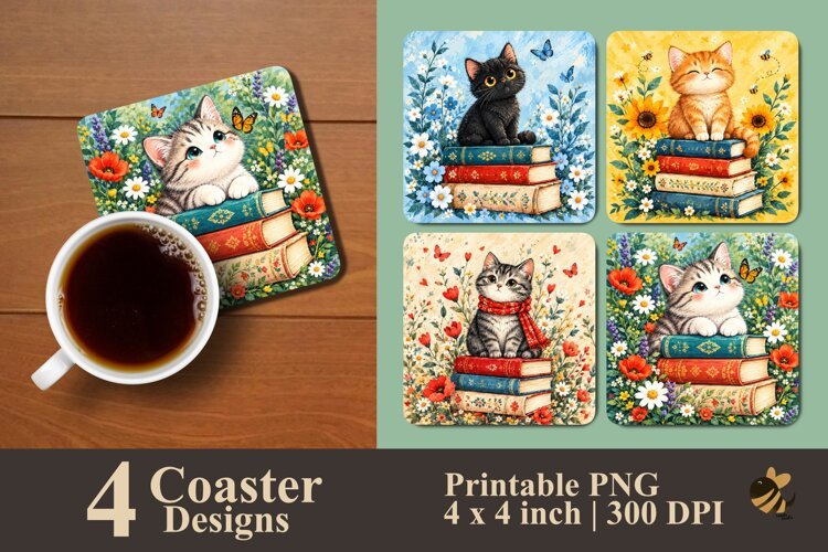 Cute Kittens & Books Coaster Sublimation Design example image 1