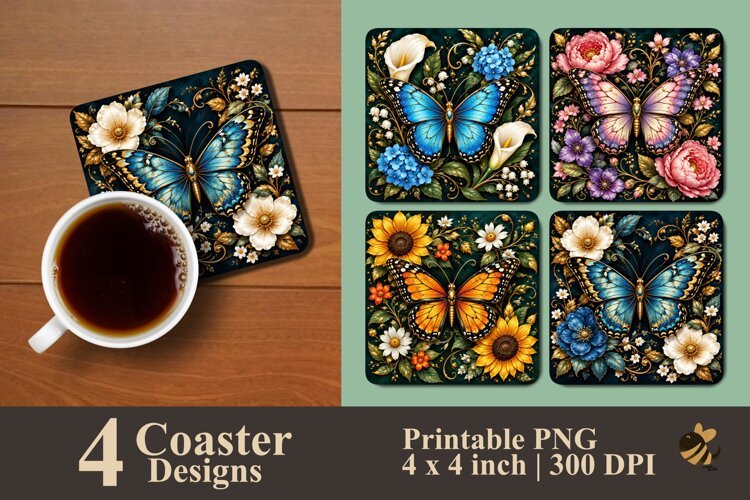 Dark Botanical Butterfly Coaster Sublimation Design example image 1