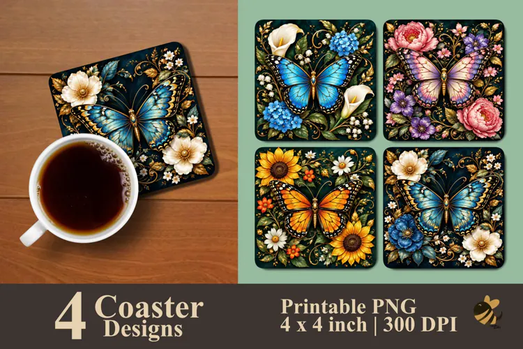 Dark Botanical Butterfly Coaster Sublimation Design
