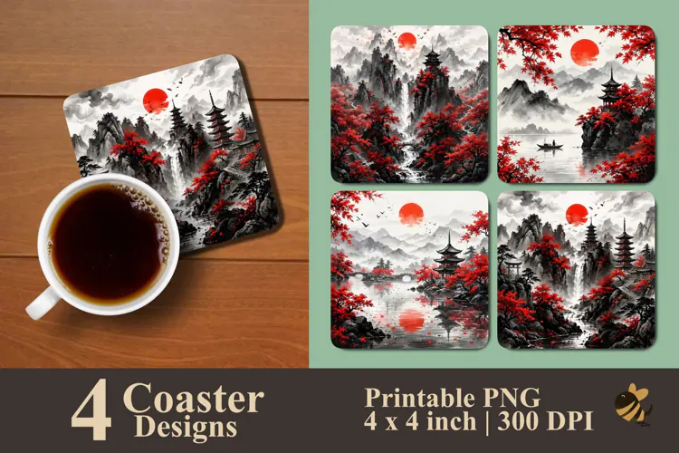 Zen Mountain & Red Maple Coaster Sublimation Designs
