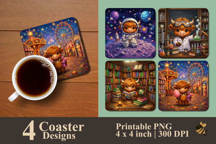 Highland Cow Universe Coaster Sublimation Designs