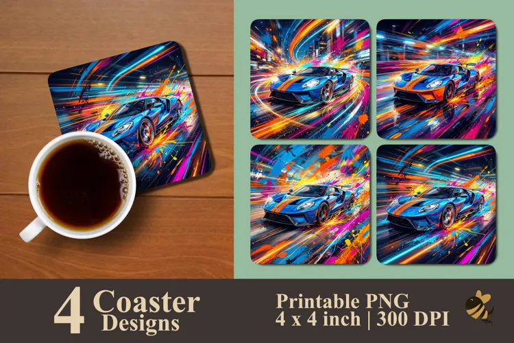 Colorful Racing Car Effects Coaster Sublimation Designs