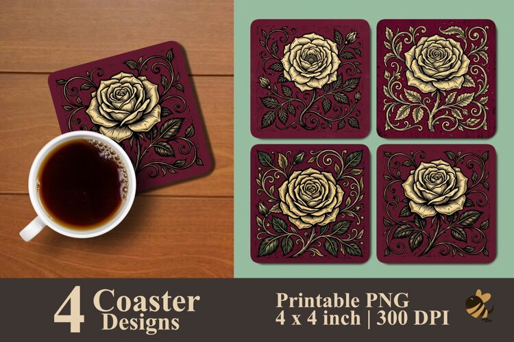 Burgundy Gold Rose Coaster Sublimation Designs example image 1