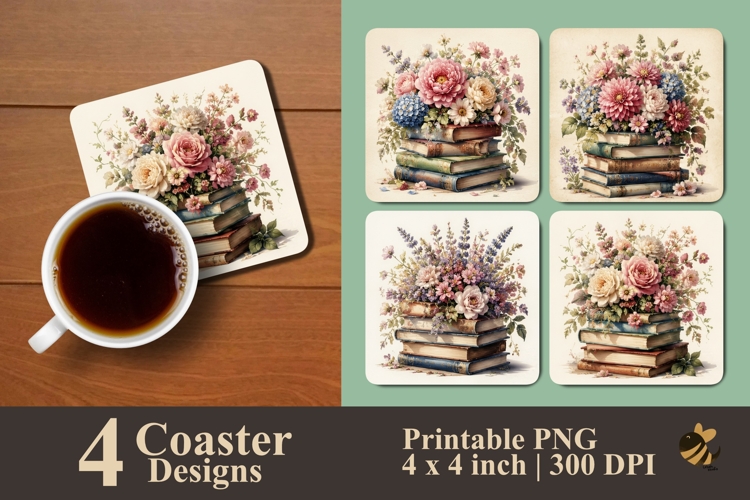 Vintage Book Blooms Coaster Sublimation Designs