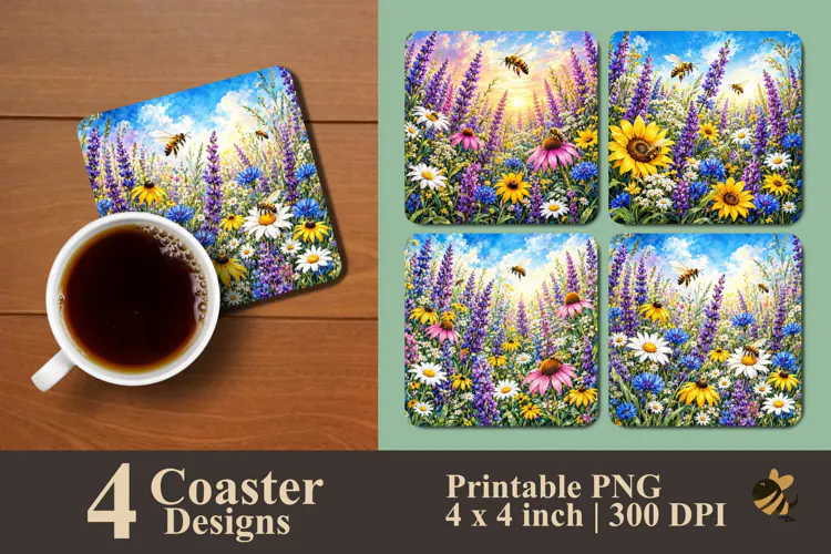 Spring Garden & Honeybee Coaster Sublimation Design