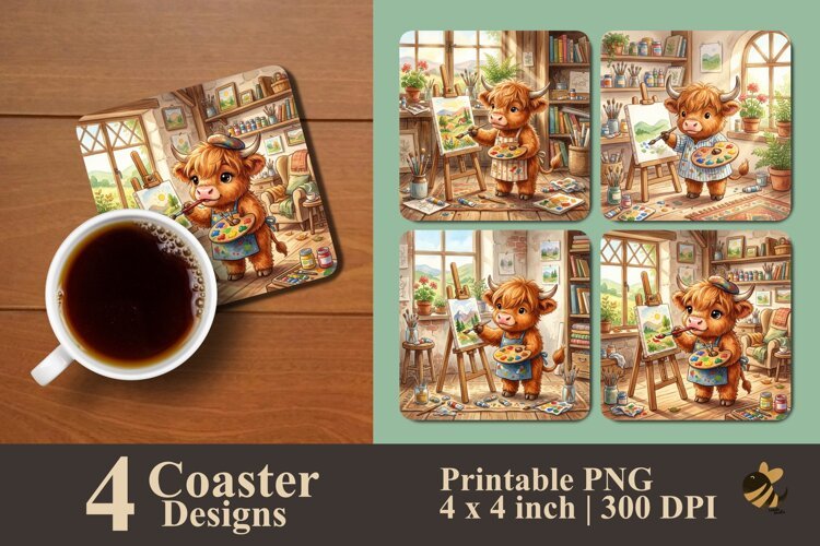 Highland Cow Painting Coaster Sublimation Designs example image 1