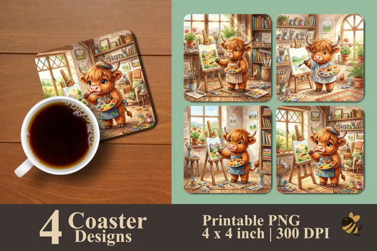 Highland Cow Painting Coaster Sublimation Designs