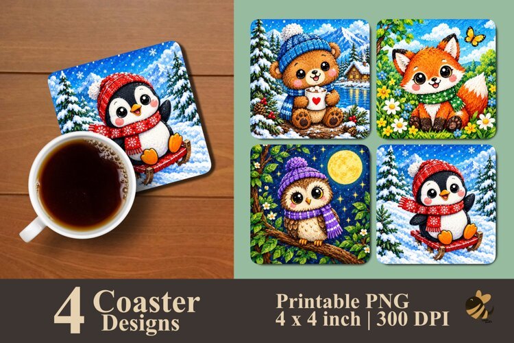 Snowy Woodland Animals Coaster Sublimation Designs example image 1