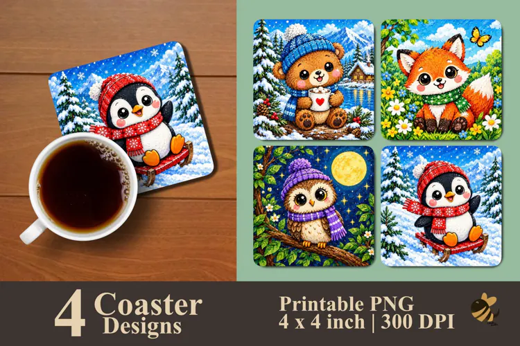 Snowy Woodland Animals Coaster Sublimation Designs