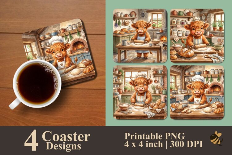 Highland Cow Making Bread Coaster Sublimation Designs example image 1