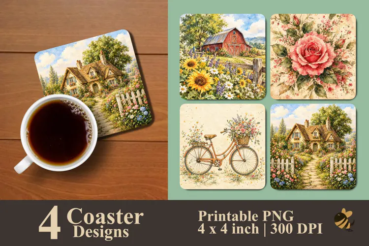 Rustic Cottage And Flower Coaster Sublimation Designs