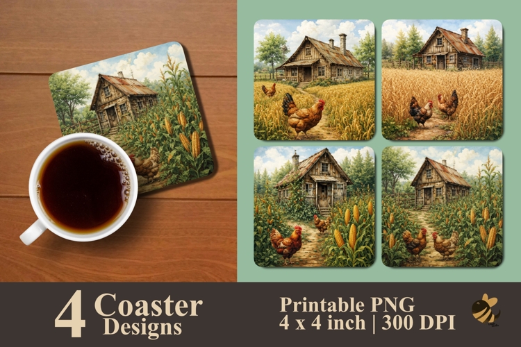 Vintage Barnyard Scenes Coaster Sublimation Designs