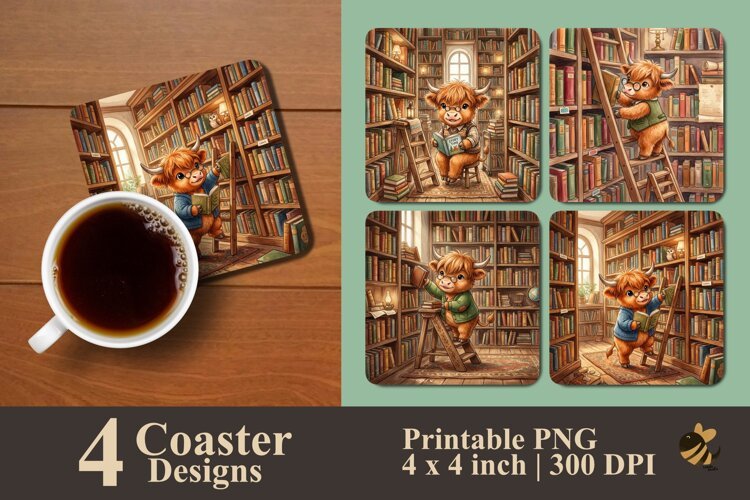 Cozy Bookworm Highland Cow Coaster Sublimation Designs example image 1