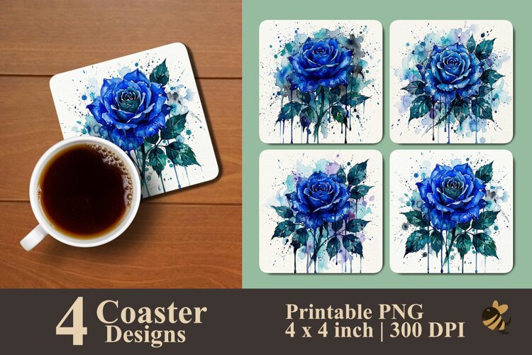 Watercolor Blue Rose Coaster Sublimation Designs example image 1