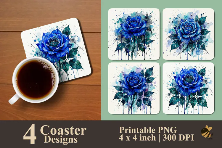 Watercolor Blue Rose Coaster Sublimation Designs