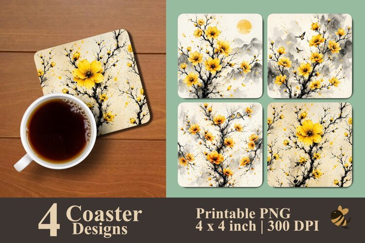 Botanical Yellow Blossom Coaster Sublimation Designs example image 1