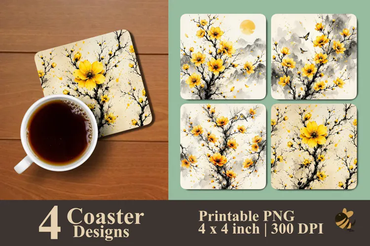 Botanical Yellow Blossom Coaster Sublimation Designs
