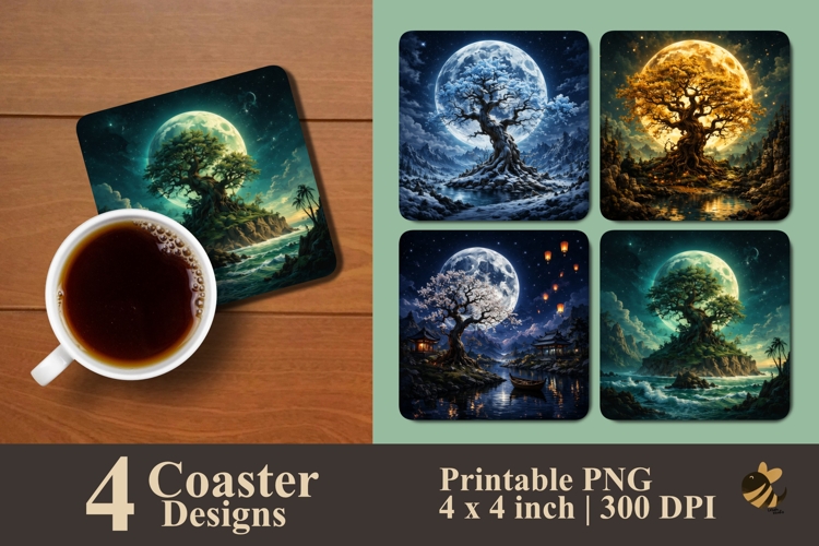 Mystic Moon Trees Coaster Sublimation Design