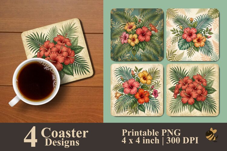 Vintage Hibiscus Floral Coaster Sublimation Designs example image 1