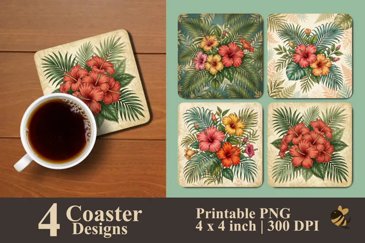 Vintage Hibiscus Floral Coaster Sublimation Designs