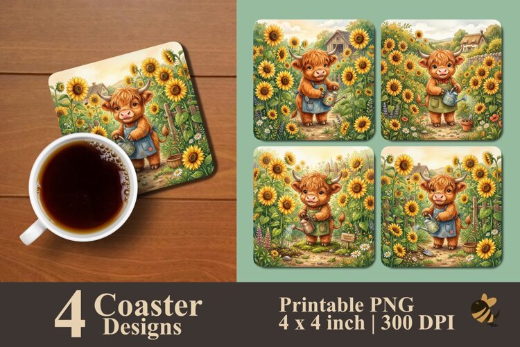 Highland Cow Watering Sunflowers Coaster Sublimation Designs example image 1
