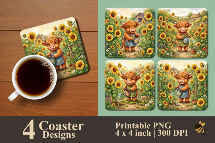 Highland Cow Watering Sunflowers Coaster Sublimation Designs