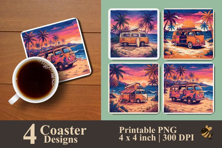 Retro Beach Camper Van Coaster Sublimation Designs example image 1