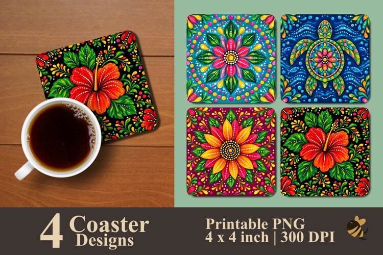 Vibrant Mandala Art & Tropical Flower Coaster Sublimation example image 1